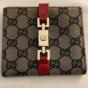 Vintage Gucci Jackie Compact Bifold Wallet Tan Canvas with Red Leather Trim